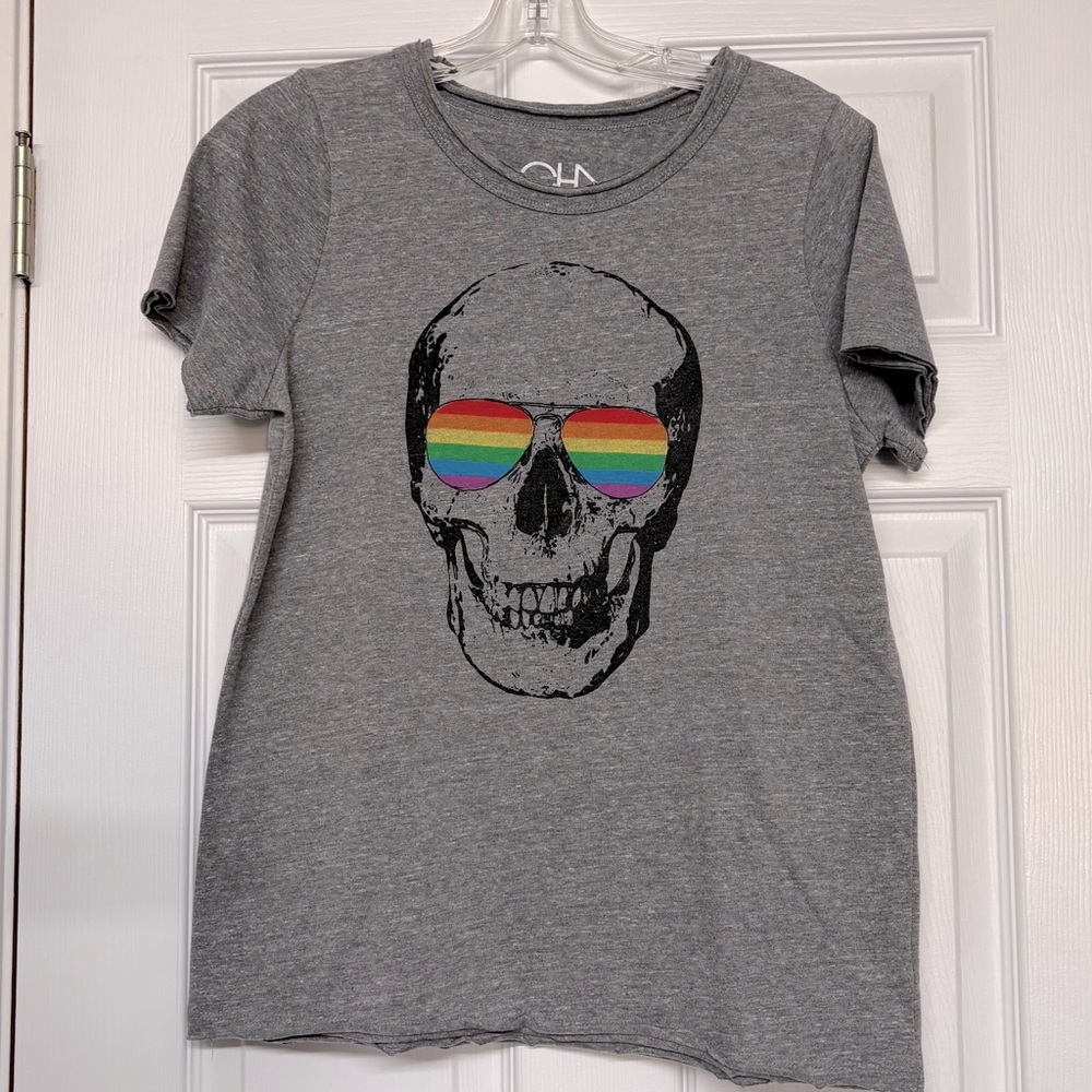 Chaser Rainbow Sunglasses Skull Graphic Tee Gray Short Sleeve T shirt Sz M